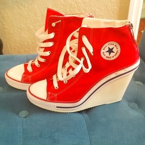 Maxstar Women's 8.5 Back Zipper Canvas High Wedge Heel